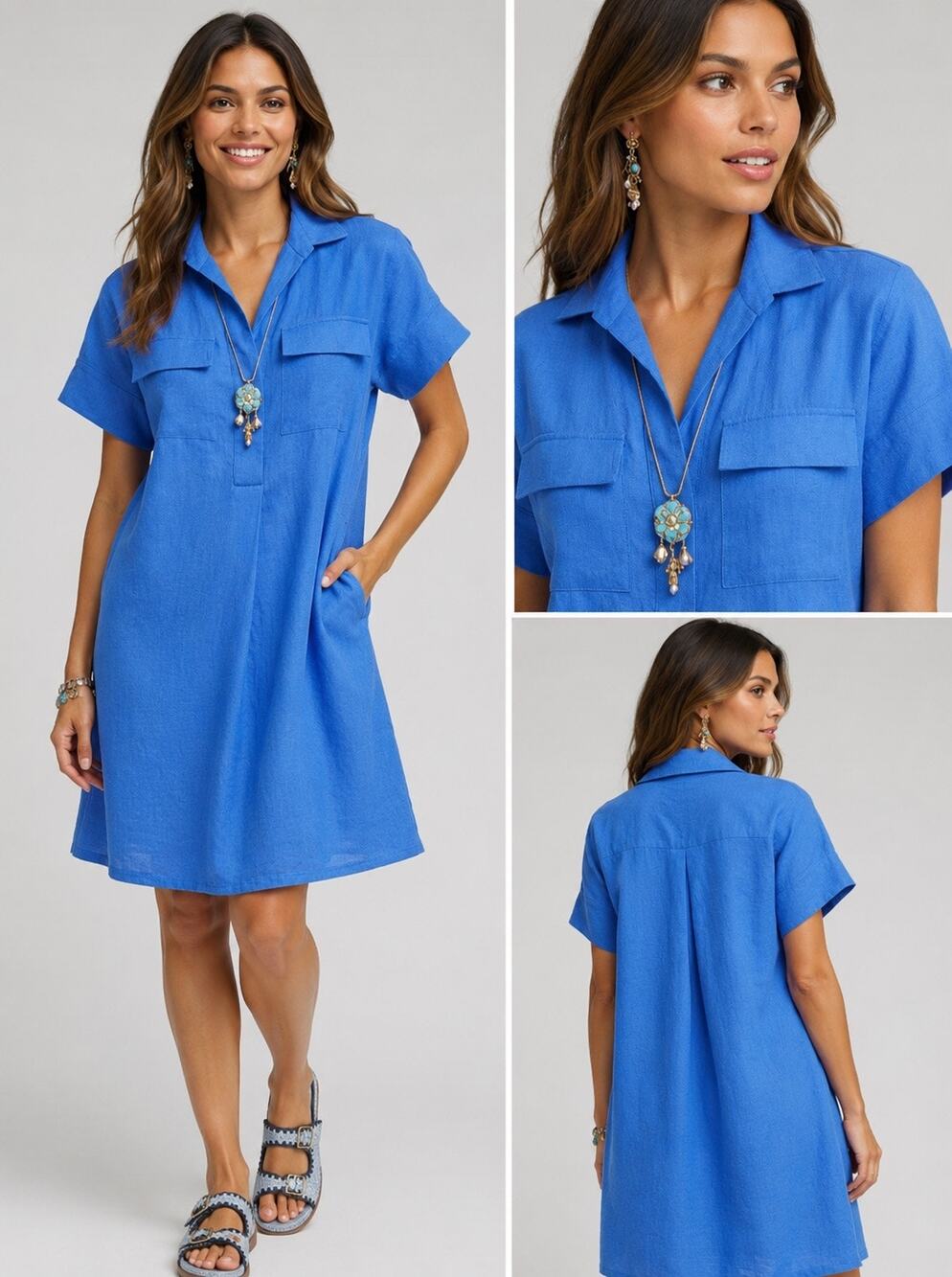 NWT Chico’s Bonnie 100% Linen Short Sleeve Knee Length Dress Women's 16 Blue